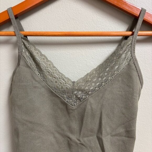 Self Esteem Y2K Lace Trim Ribbed Green Tank Top Size XS Cropped 90s Boho Casual - Picture 2 of 9
